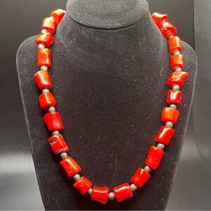 Vintage Chunky Red Bead Necklace | natural stone Tribal Style | Silver Tone